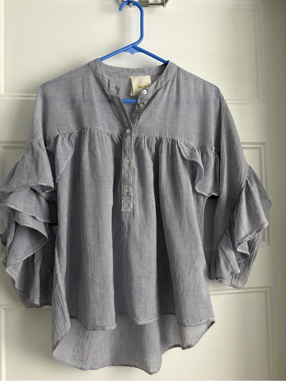 Maeve Anthropologie Light Blue white stripe Tiered Ruffle Sleeve Blouse Top S